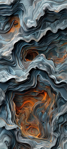 an abstract painting with different colors and patterns on it's surface, including waves