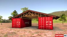 a red building made out of shipping containers in the middle of an open field with trees