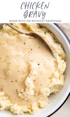 a bowl filled with mashed potatoes and gravy