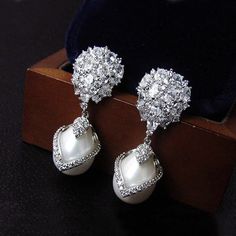 Luxury Women's Pearl and Crystals Drop Earrings - Wnkrs Formal Jewelry, Pearl Earrings Wedding, Wedding Earrings Drop, Pearl Jewelry Wedding, Luxury Earrings, Bridal Earrings Pearl, Earrings Pearl, Pave Setting, Pearl Earrings Dangle