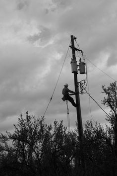 black and white photograph of an electrician working on a power pole with trees in the background