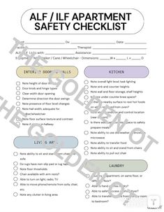 ALF / ILF Apartment Safety Checklist Let's help our patients age safely in place. I've been struggling to find a safety checklist specifically for my patients in the Assistive and Independent Living Facility apartments.  So.. I created my own! 🤗 Categories include: ▫️Interior doors & halls ▫️Living area ▫️Kitchen ▫️Laundry ▫️Bedroom ▫️Windows ▫️Telephone & communication ▫️Pets ▫️Bathroom ▫️Electric outlets & controls Use your activity analysis skills while going through the checklist. Have the patient simulate different tasks to see how well they can perform to determine specific recommendations to make their apartment safer. Apartment Safety, Safety Plan, Electric Outlets, Laundry Bedroom, Safety Checklist, Typed Notes, The Checklist, Independent Living, Bedroom Windows