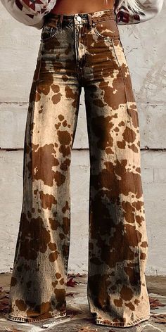 Cow Texture, Painting Jeans, Quilted Pants, Wide Leg Pants Casual, Ootd Instagram, Texture Print, Chica Cool, Brown Cow, Brown Jeans