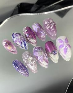 -All sets are made with GEL nail polish. You can reuse all of the nails multiple times if you take care of them.  -I only work with high-quality luxury press on nails -Every nail in my shop is handmade, hand painted with love & care. 💞 🌵𝐒𝐢𝐳𝐞🌵 -My nail shop has different measurement methods.  *Will not measure according to the curvature of the nail. -Please follow the instruction photo for size measurement. 🌵𝐄𝐚𝐜𝐡 𝐍𝐚𝐢𝐥 𝐬𝐞𝐭 𝐢𝐧𝐜𝐥𝐮𝐝𝐞𝐬🌵 -10 nails of your size -24 adhesive s Purple And Silver Nails Designs, Purple Nails Butterflies, Long Nail Inspo Acrylic, Dark Purple Y2k Nails, Short Nails Purple, Purple Fairy Nails, Y2k Nails Purple And Black, Nail Inspo Purple, Purple And Silver Butterfly Nails