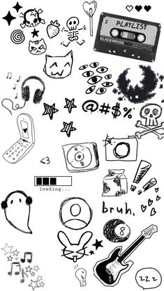 various stickers and symbols are shown in black and white, including an old school cassette