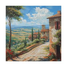 a painting of an italian village with trees and flowers in the foreground, on a sunny day