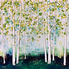 an abstract painting of trees with blue, green and yellow dots in the leaves on them