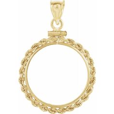 14k yellow gold $20.00 Liberty coin bezel pendant, this bezel is surrounded by a rope chain to enhance the look of your coin. The coin fits snugly to the bezel which is fastened by screw at the top. This bezel is a great gift for yourself or a love one. 5 Dollar