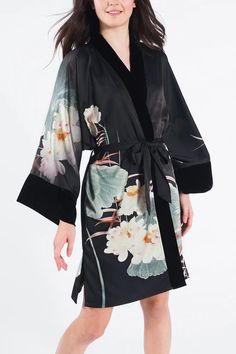 Maren Black Kimono Wrap Robe - Short | KIM + ONO – kimandono.com Wrap Robe With Tie Waist, Black Floral Print Wrap Kimono, Long Kimono Cardigan, Elegant Kimono, Kimono Dressing Gown, Black Kimono, Kimono Wrap, Beautiful Kimonos, Short Kimono