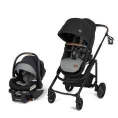 the stroller and infant car seat are next to each other on a white background