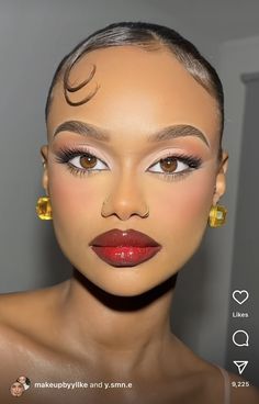 Gold Makeup Looks With Red Lips, Simple Red Lip Makeup Look Black Women, Gold And Red Makeup Looks Black Women, Red Lip With Brown Liner, Ballerina Makeup Aesthetic, Red Head Glam Makeup, Black Woman Red Lipstick, Gold Eye Red Lip, Classic Makeup Looks Red Lips