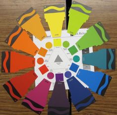 the color wheel is arranged on top of a wooden table with several different colors in it