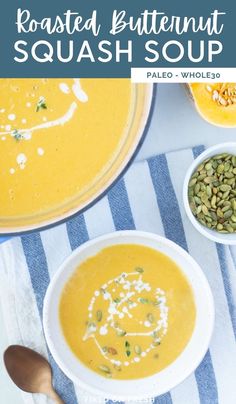 two bowls of roasted butternut squash soup on a blue and white towel