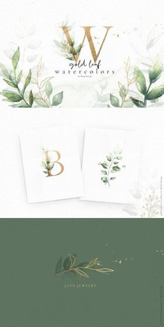 the letter v is surrounded by green leaves and gold lettering on white paper with watercolor paint