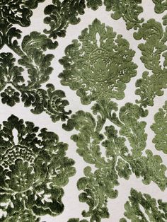 NEW! Duke Gabriel Designer Damask Burnout Chenille Velvet Fabric - Olive Green - Fancy Styles Fabric Pierre Frey Lee Jofa Brunschwig & Fils Army Green Aesthetic, Peacock Fabric, Floral Carpet, Vertical Pattern, Velvet Upholstery Fabric, Green Texture, Burnout Velvet, Green Quilt, Beautiful Interior Design