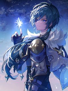 an anime character with blue hair holding a star in her hand and pointing to the sky