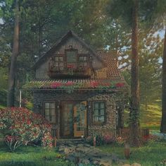 a painting of a house in the woods with flowers growing on it's roof