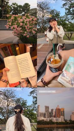 the collage shows people sitting on benches and reading books in different places around them