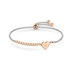 A beautiful stainless steel and rose gold PVD colour coating bracelet from Nomination's Milleluci collection with a cute heart charm and cubic zirconias. A lovely gift for someone special. This bracelet has a circumference of 19cm and can be shortened to 14cm. Domino Jewelry, Gold Heart Bracelet, Platinum Wedding Rings, Wedding Rings Rose Gold, Rose Gold Heart, Star Jewelry, Gold Bangle Bracelet, Rose Gold Bracelet, Bangles Jewelry