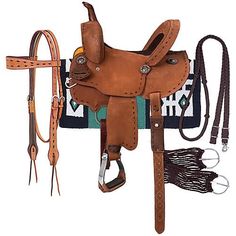 a horse saddle with reins and tacks