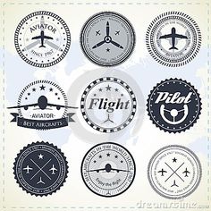 a bunch of different types of badges on a white background with the words flight and airplanes