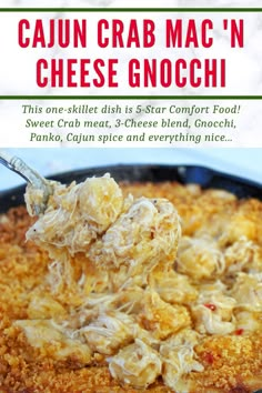 cajun crab mac'n cheese gnocchi in a cast iron skillet