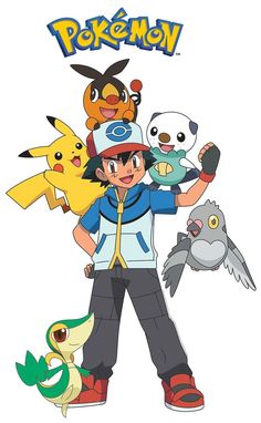 the pokemon characters are all wearing different outfits and hats, but one is holding up his hand