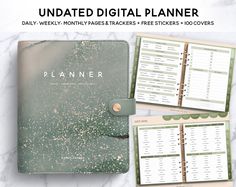 a planner with the text,'undated digital planner daily weekly printable trackers - free stickers - 100 covers '