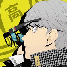 an anime character with grey hair and glasses looking at something in his eyeglasses