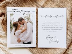 two wedding thank cards with the same photo on them, one is for a couple