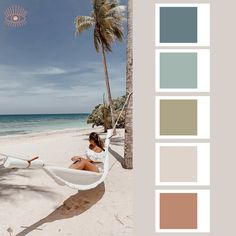 a woman sitting in a hammock on the beach with palm trees and water