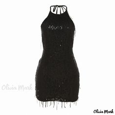 Olivia Mark - Stylish and Sensuous Back-Baring Sequin Tassel Halter Dress Backless Dress Black, Black Halter Dress, Fringe Dress, Home Dress, Halterneck Dress, Sleeveless Jumpsuits, Types Of Skirts, Halter Dress, Backless Dress