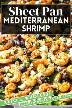 sheet pan mediterranean shrimp with olives, feta cheese and parsley on top