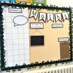 a bulletin board with writing on it and green ivys around the edges that spell out maths