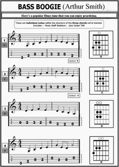 the bass boogie guitar sheet with notes and notations for each note, which is also in