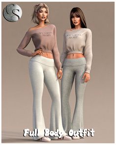 two women standing next to each other in white pants and cropped tops with the words full body outfit on them