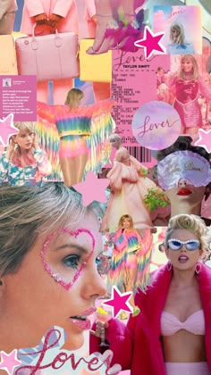 the collage has many different pictures and words on it, including pinks, stars,