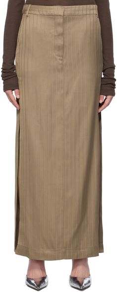 Viscose satin skirt. Stripes throughout. · Belt loops · Four-pocket styling · Zip-fly · Slit at outseams · Unlined Supplier color: Timber wolf Timber Wolf, Birger Christensen, Brown Suits, Satin Skirt, Maxi Skirts, Apparel Accessories, Maxi Skirt, Stripes, Satin