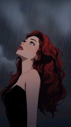 a woman with long red hair standing in the rain, looking up into the sky