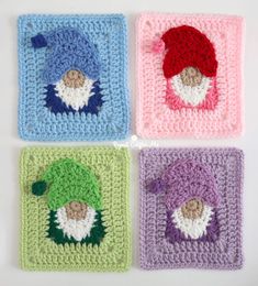 four crocheted squares are arranged in the shape of gnome's hats, one with a mushroom on top