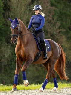 a woman riding on the back of a brown horse