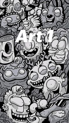 black and white drawing of many cartoon characters