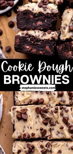 cookie dough brownies with chocolate chips on top and in the middle, stacked together