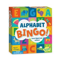 an alphabet game with letters and numbers on the front, in a colorful box that says'alphabet bingo '