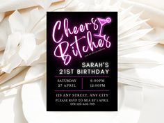 a black and white birthday party card with neon pink lettering on it's front