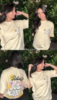 four pictures of a woman wearing a t - shirt with flowers on the front and back