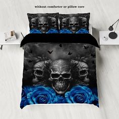 a bed with two skulls on it and blue roses in the foreground, next to a night sky background