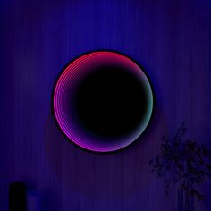 a purple and blue room with a round object on the wall next to a potted plant