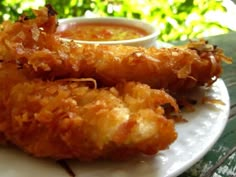 two fried food items on a plate with dipping sauce