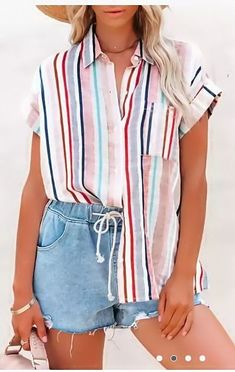 F00133600-103 Shirts Style, Clothing Summer, Summer Stripes, Women Shirt, Casual Fit, Sleeves (women), Casual Top, Summer Outfits Women, Striped Shorts